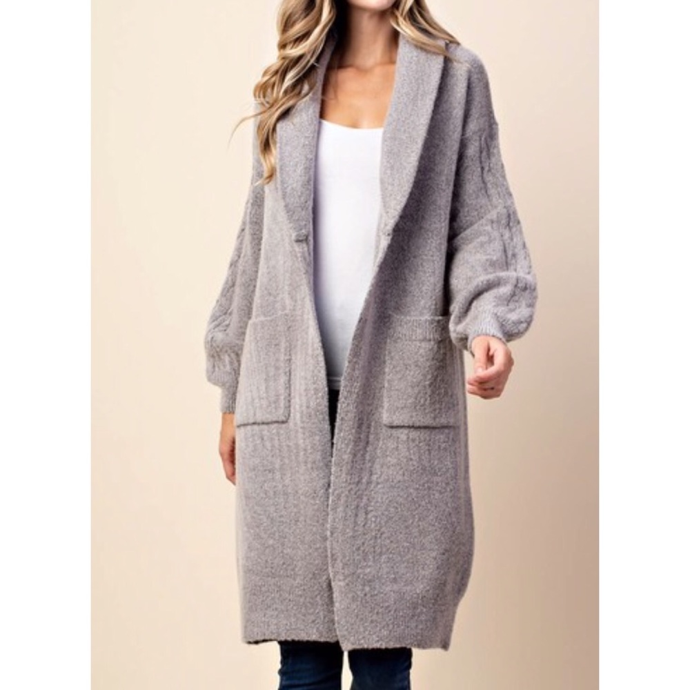Stone Puff Sleeve Long Sweater Cardigan